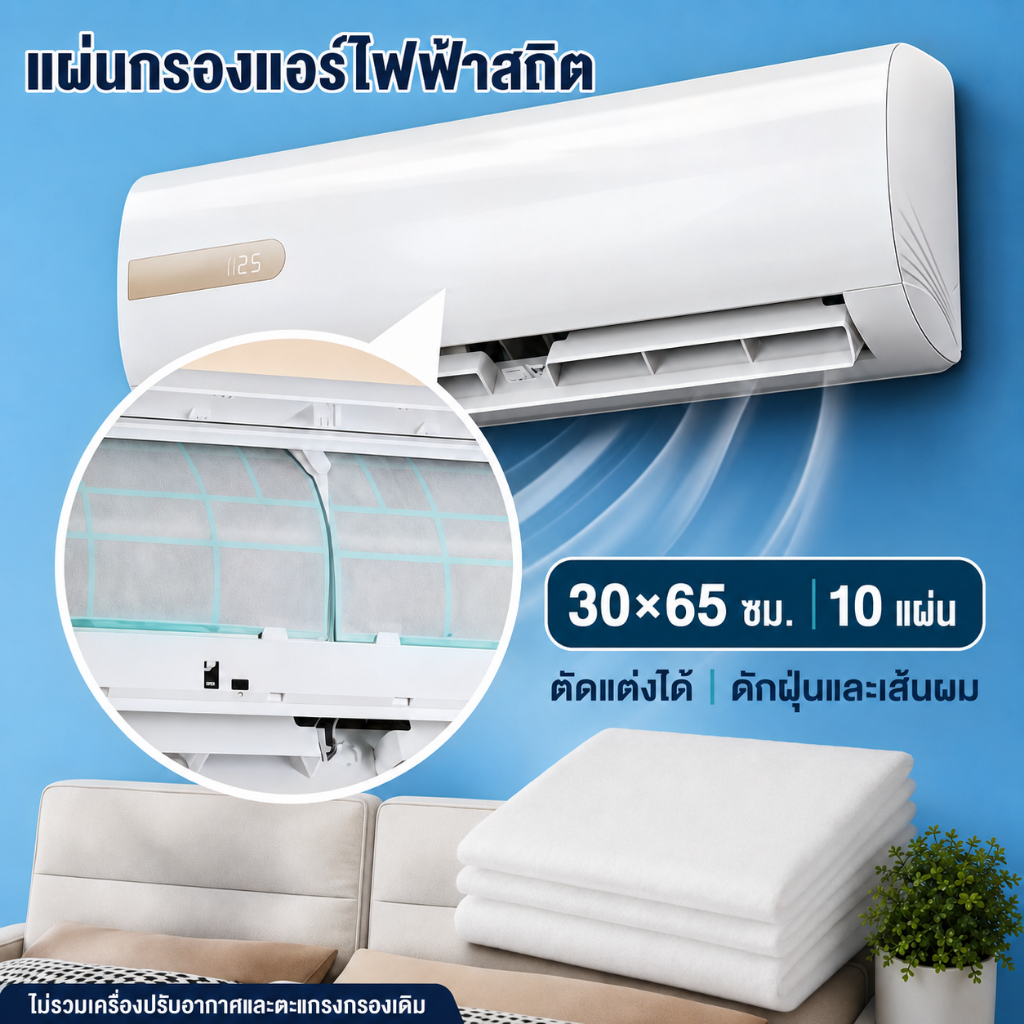 แผ่นกรองแอร์ไฟฟ้าสถิต 30×65 ซม. 10 แผ่น ตัดแต่งได้ ดักฝุ่นและเส้นผม สำหรับแอร์ติดผนัง ส่งจากกรุงเทพฯ
