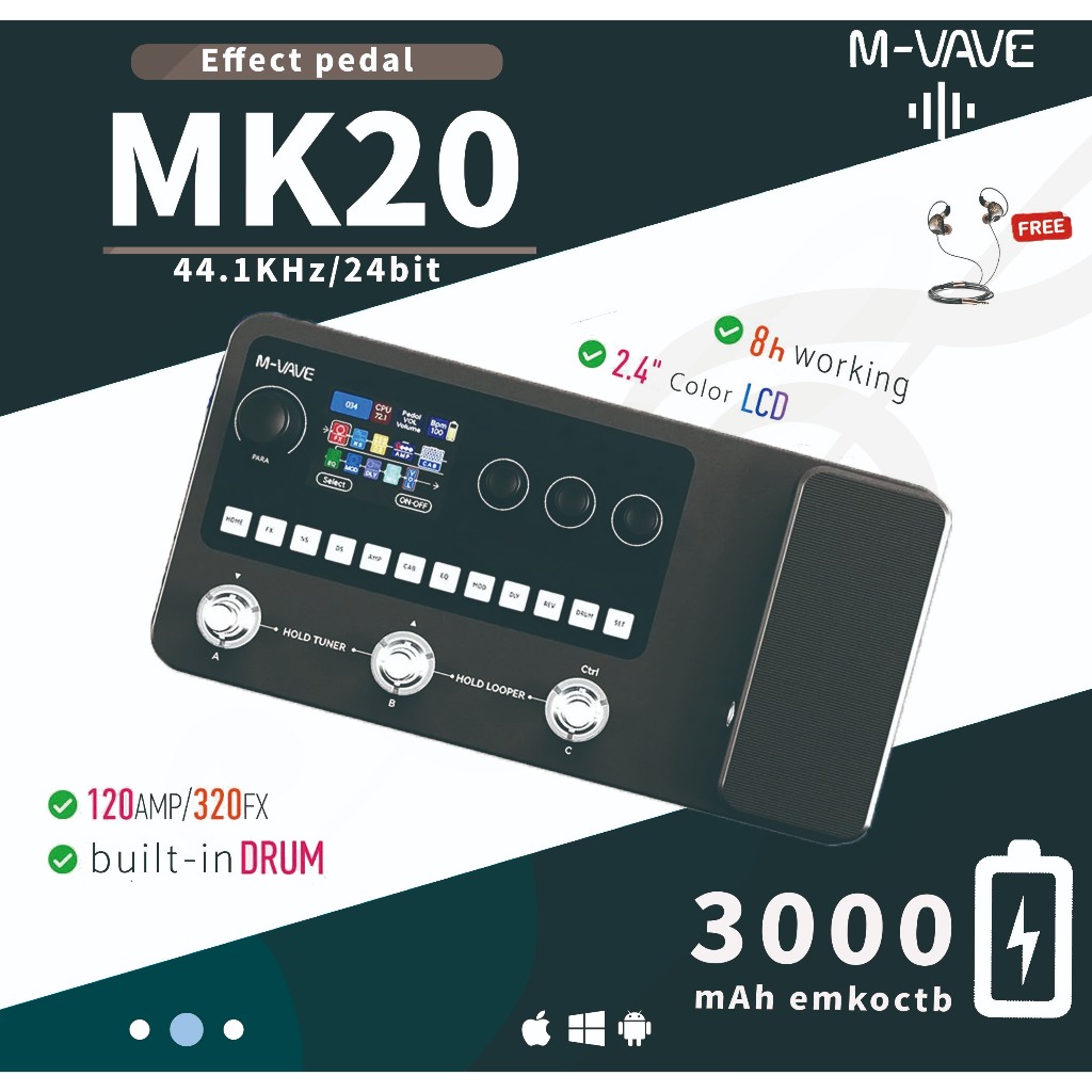 M-VAVE MK-20 กีตาร์/เบส Multi-effects Pedal Processor 320 ประเภท 128 กลอง + ANN Neural Modeling