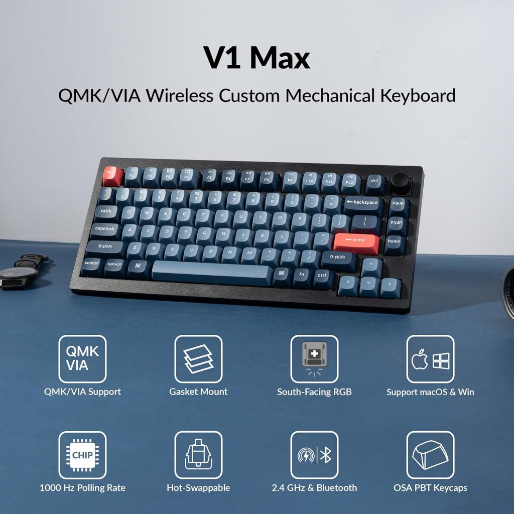 Keychron V1 Max QMK คีย์บอร์ดไร้สาย, 75% เค้าโครง Custom Knob 2.4 GHz/Bluetooth 5.1/USB-C แบบมีสาย, 