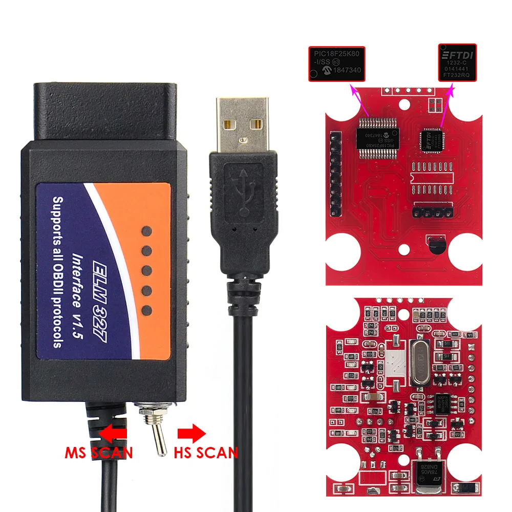 ELM327 V1.5 เครื่องอ่านรหัส USB HS-CAN/MS-CAN สําหรับ OBD2 เครื่องสแกนเนอร์วินิจฉัยมัลติฟังก์ชั่นออน