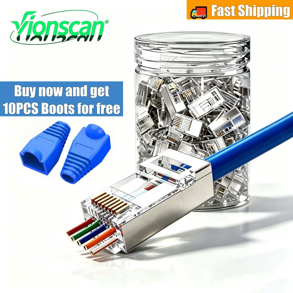 Vionscan 100PCS โล่โลหะ CAT6 ผ่านขั้วต่อ RJ45