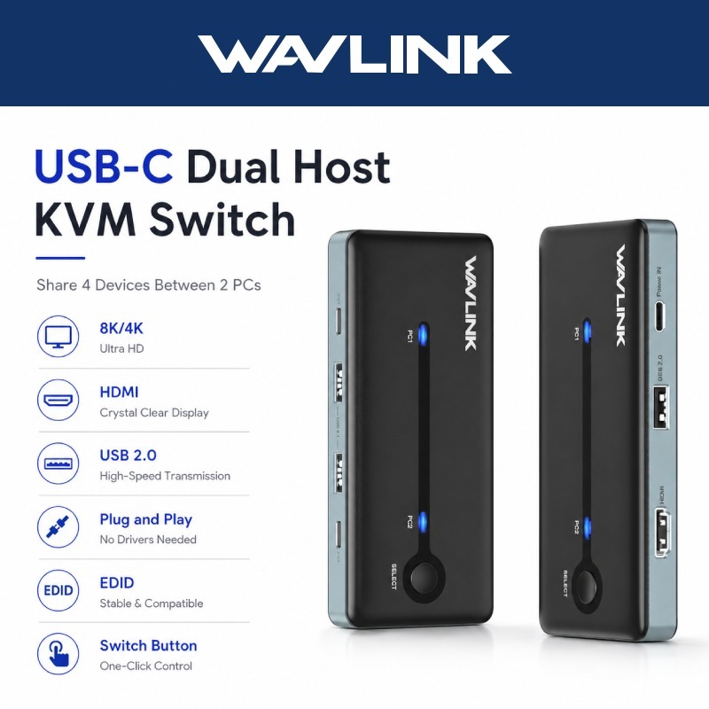 WAVLINK USB-C HDMI KVM Switch 8K@60Hz/4K@144Hz HDMI Splitter พร้อม EDID Adaptive สําหรับ Windows/Mac