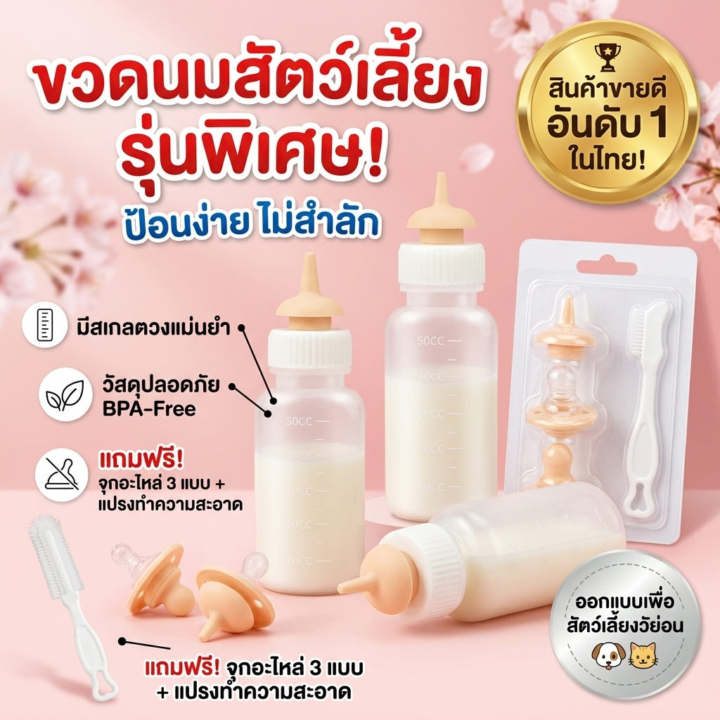 ขวดนมแมว ขวดนมสุนัข ขวดป้อนนมลูกแมว 50cc พร้อมจุกนมสำรอง อุปกรณ์เลี้ยงลูกสัตว์