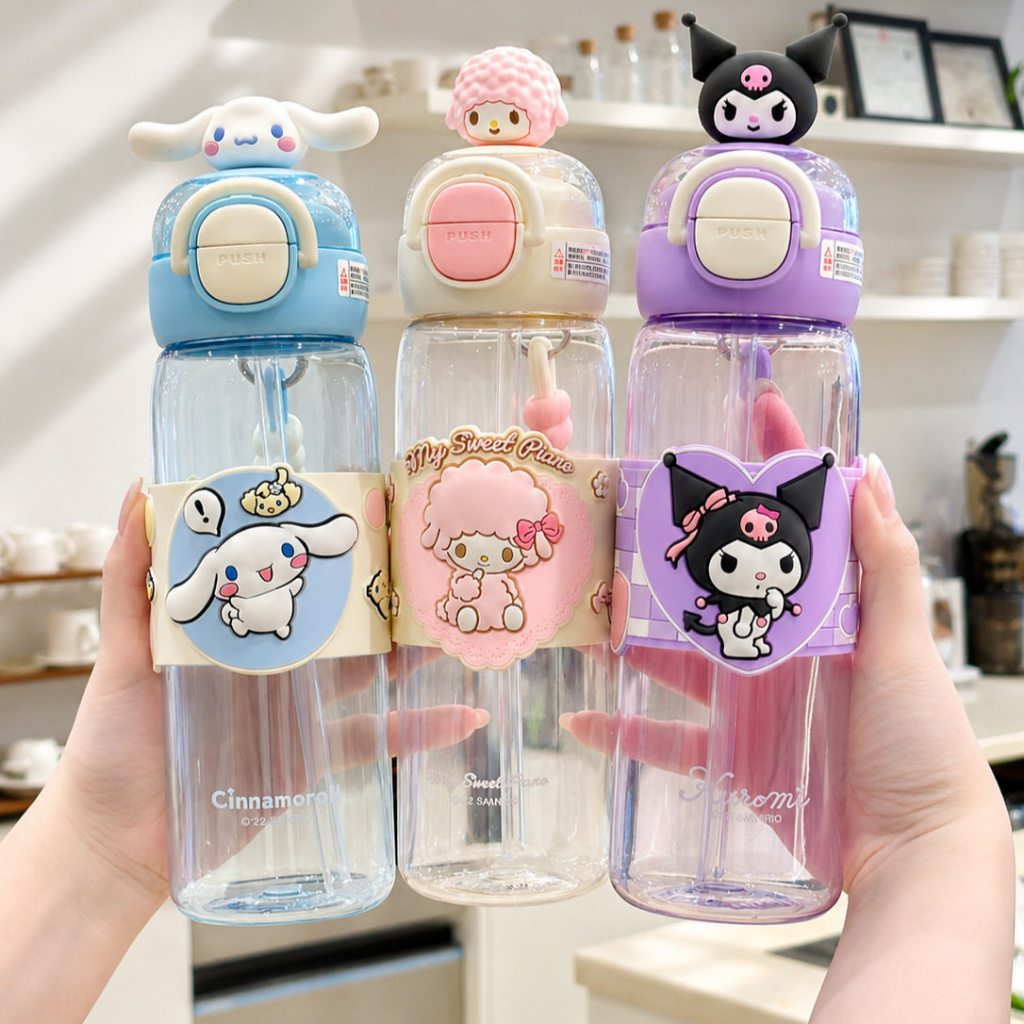กระติกน้ำเด็ก หลอดเด้ง ขนาด 500ml Hello Kitty ขวดน้ำเปิดฝาลายการ์ตูนแบบพกพา สำหรับเด็ก