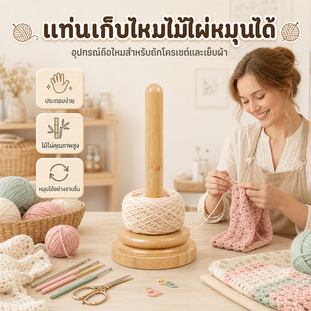 ไม้ผู้ถือเส้นด้ายไม้ไผ่หมุนได้ Skein Spinner Revolve Yarn Ball Stand Smooth Yarn Ball Holder Dispens