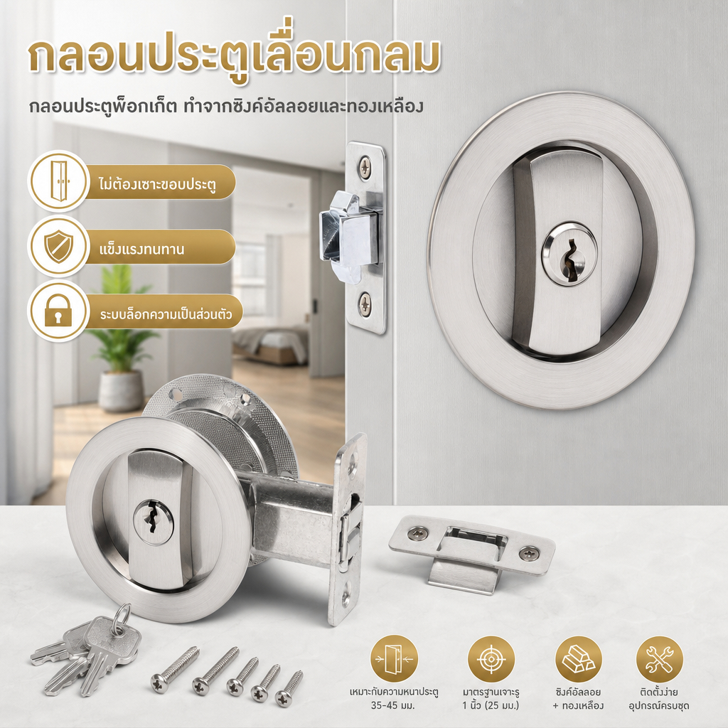 อุปกรณ์ล็อคประตูบานเลื่อน พร้อมกุญแจ 2 ด้าน เพื่อความเป็นส่วนตัว ล็อคประตูสไลด์ทรงกลม ทำจากอัลลอยสังกะสี+ทองเหลือง ติดตั้งง่าย ไม่ต้องร่องประตู มีกุญแจครบชุด สำหรับประตูกระเป๋า ประตูบานเลื่อน