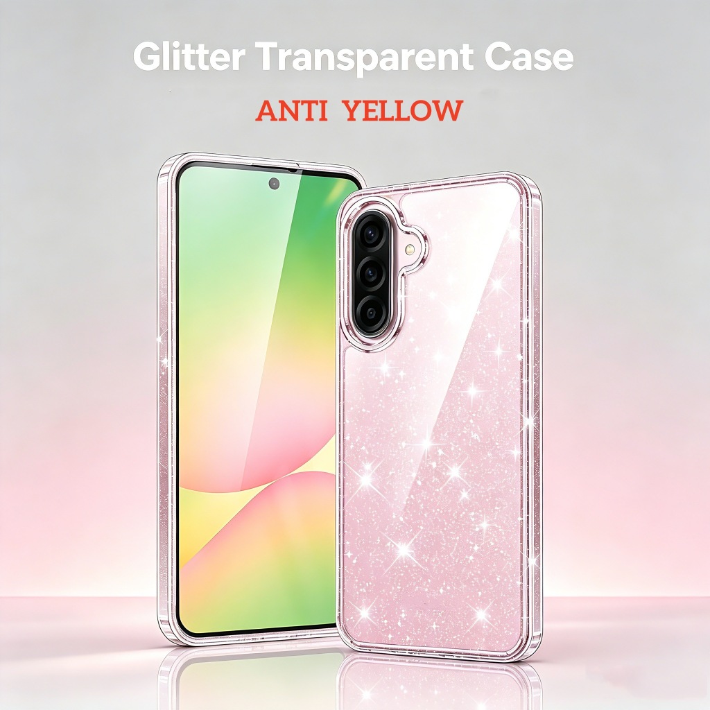 Anti-Yellow Glitter Clear Hard PC สําหรับ Samsung Galaxy A56 A36 A26 A16 A06 A55 A35 A25 A15 4G 5G A17 A14 A07 A34 A37 A57 A54 กันกระแทกฝาครอบโทรศัพท์