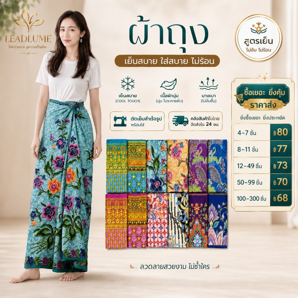 LEADLUME ผ้าถุงผู้หญิงสำเร็จรูป ลายปาเต๊ะ เย็บแล้วพร้อมใส่ | ผ้านุ่มสัมผัสเย็น ผิวแมตต์ ทิ้งตัวสวย ไม่แนบติดผิว
