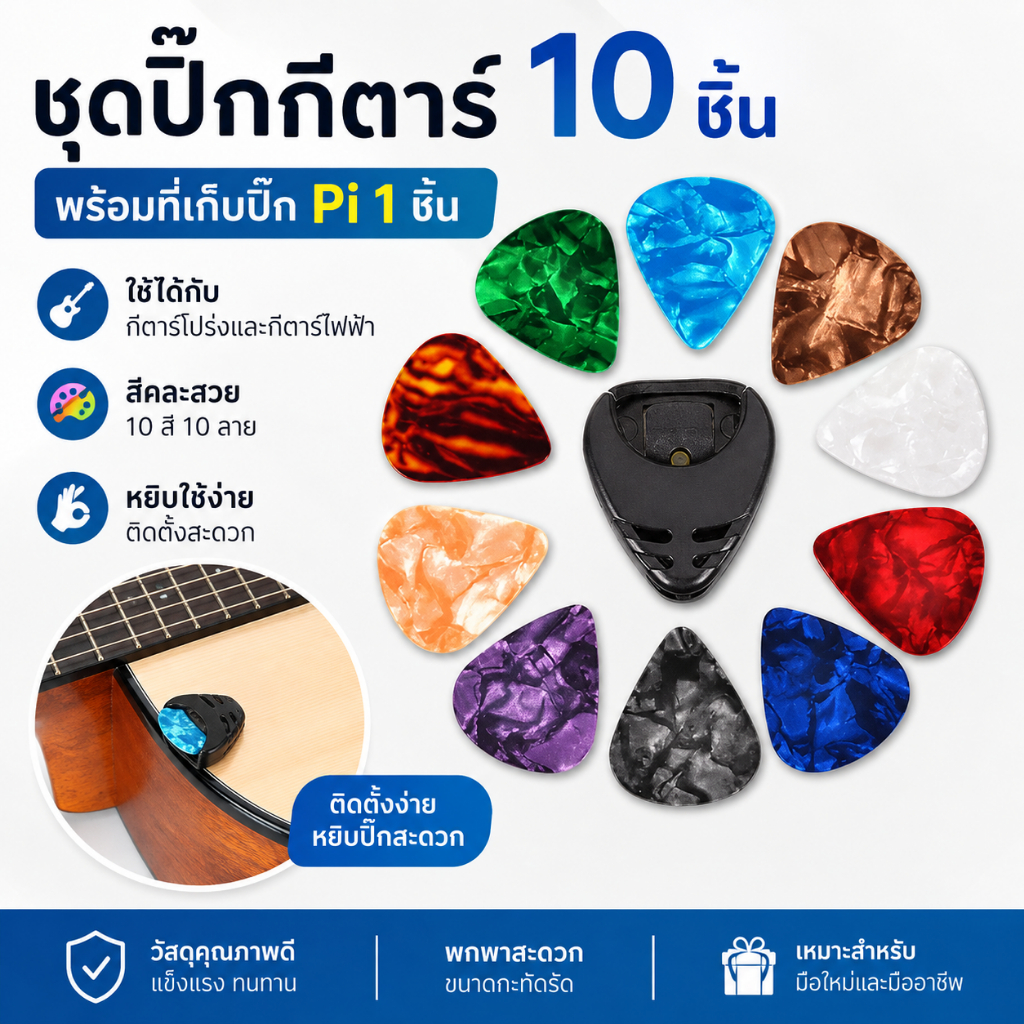 ดริศดีปร่างเดิมสงศจจ 10 ชิ้น Plectrums 1 Pi Holder Electric Celluloid Acoustic Guitar Pis สีสัน L4