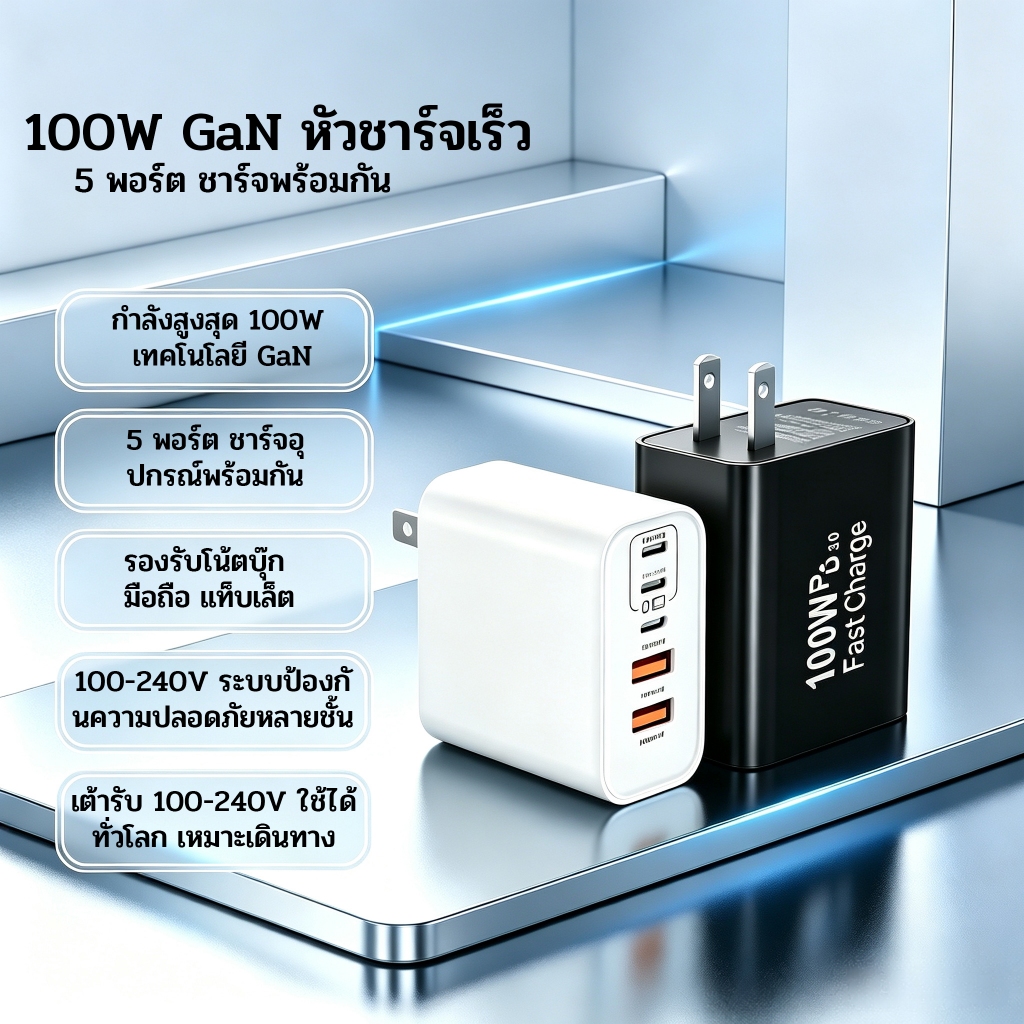 หัวชาร์จเร็ว GaN 100W 5 พอร์ต (3PD Type-C+2USB-A) PD3.0 Fast Charger ชาร์จหลายอุปกรณ์พร้อมกัน ปลั๊ก US/EU รองรับแล็ปท็อป มือถือ