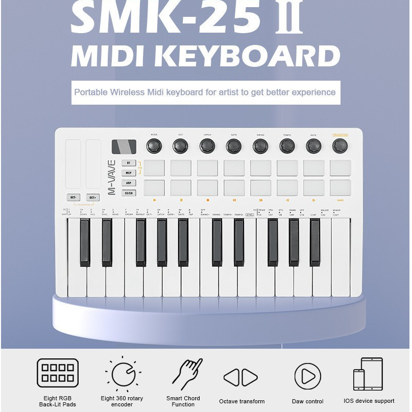 (จัดส่ง 24 ชม.) M-VAVE SMK-25II ตัวควบคุมคีย์บอร์ด MIDI 25 คีย์พร้อมแผ่นดรัม RGB 16 แผ่น บลูทูธ