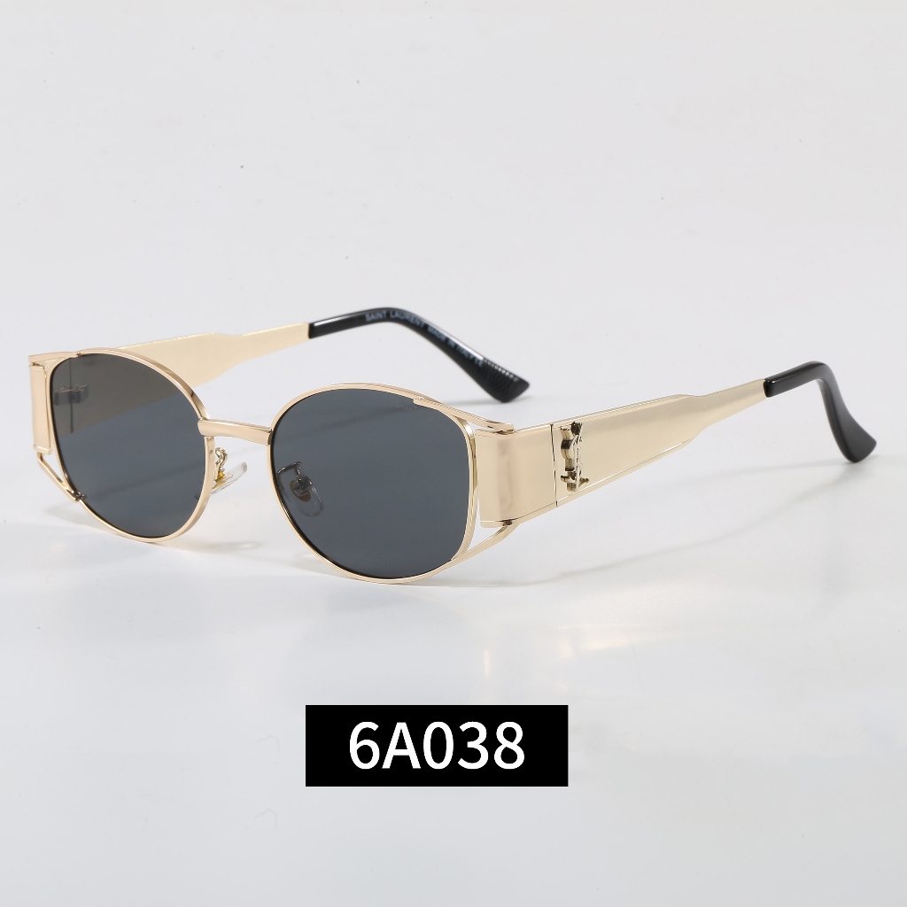 2026 สไตล์ใหม่ Saint Laurent หรูหราโลหะกรอบบางแว่นตากันแดดรูปไข่ประณีตแกะสลักวัด Golden กรอบ Travel 