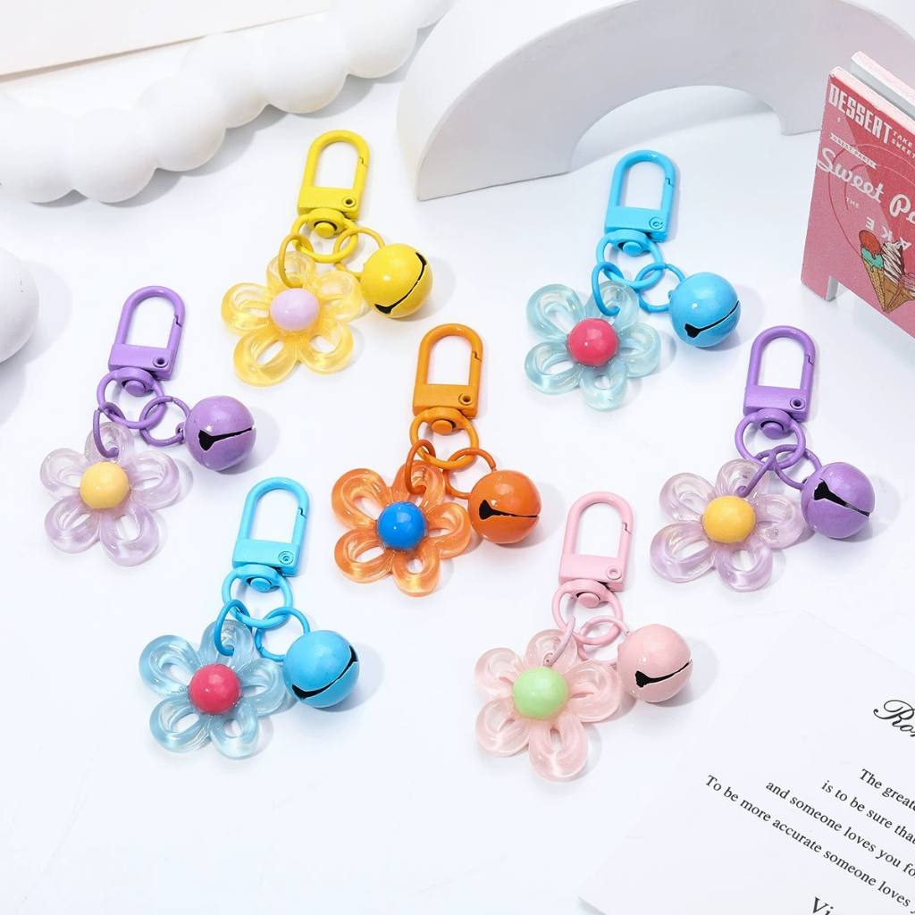 5 ชิ้นน่ารักสีสันสดใสดอกไม้พวงกุญแจกับระฆังส่งเพื่อน diy พวงกุญแจจี้อุปกรณ์เสริม