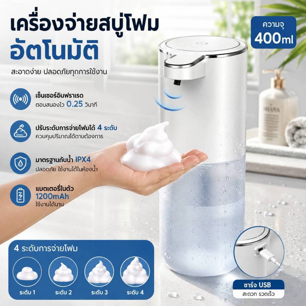 เครื่องปั๊มสบู่โฟมอัตโนมัติ 400ml เซ็นเซอร์อินฟราเรด 0.25วิ ชาร์จUSB กันน้ำ IPX4 ใช้ได้3เดือน ปรับระดับฟองได้ (โฟม)