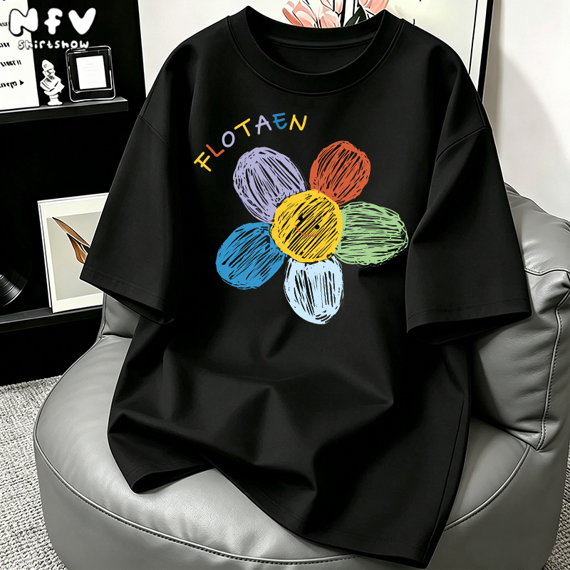 NFV ใหม่ล่าสุด ลายพิมพ์ดอกไม้ เสื้อยืดแขนสั้นคอกลม ใส่สบายไม่รัดตัว ผ้าฝ้าย ใส่สบาย สาวอ้วน YG187