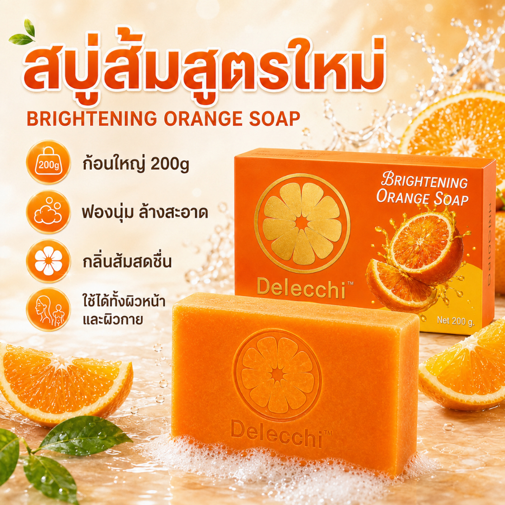 ซื้อ1แถม1 Delecchi สบู่ส้ม 200กรัม ฟองนุ่ม กลิ่นส้มสดชื่น ทำความสะอาดผิวหน้าและกาย