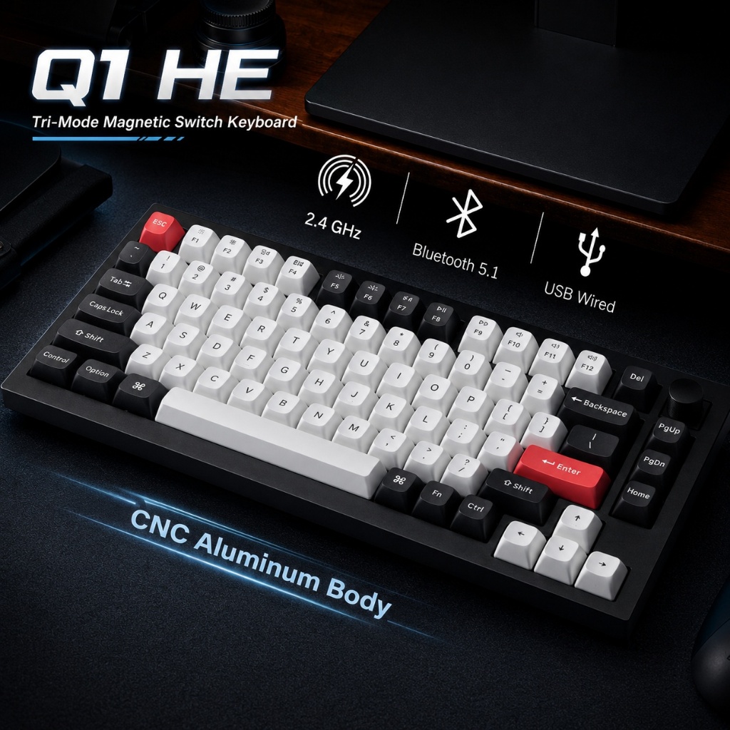 Keychron Q1 HE คีย์บอร์ดไร้สาย 75% พร้อมสวิตช์แม่เหล็ก Gateron Double-Rail Magnetic Switches สี Carbon Black และ Shell White