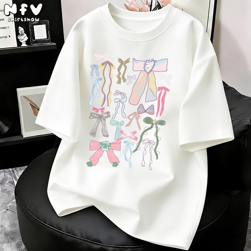 NFVใ หม่ล่าสุด ลายพิมพ์โบว์สีชมพู เสื้อยืดผู้หญิงoversized ผ้าฝ้ายแท้ ระบายอากาศ YG787