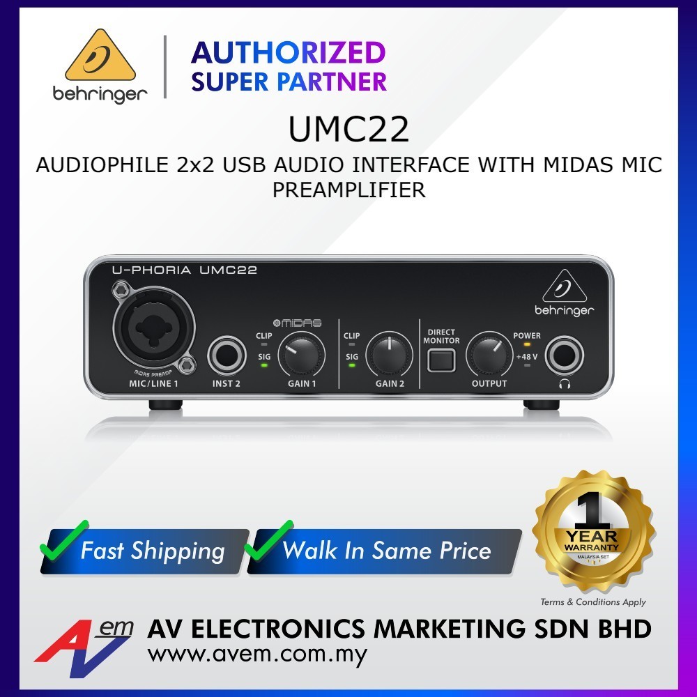 BEHRINGER UMC22 UMC-22 U-PHORIA Audiophile 2x2 อินเทอร์เฟซเสียง USB พร้อมไมโครโฟน Midas