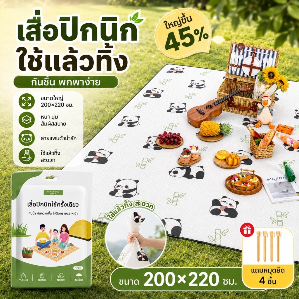 เสื่อปิกนิกขนาดใหญ่ 200x220 ซม. เสื่อปูพื้นกันชื้น พับเก็บได้ พกพาสะดวก สำหรับแคมป์ปิ้ง ปิกนิก เดินทาง และกิจกรรมกลางแจ้ง SQ008