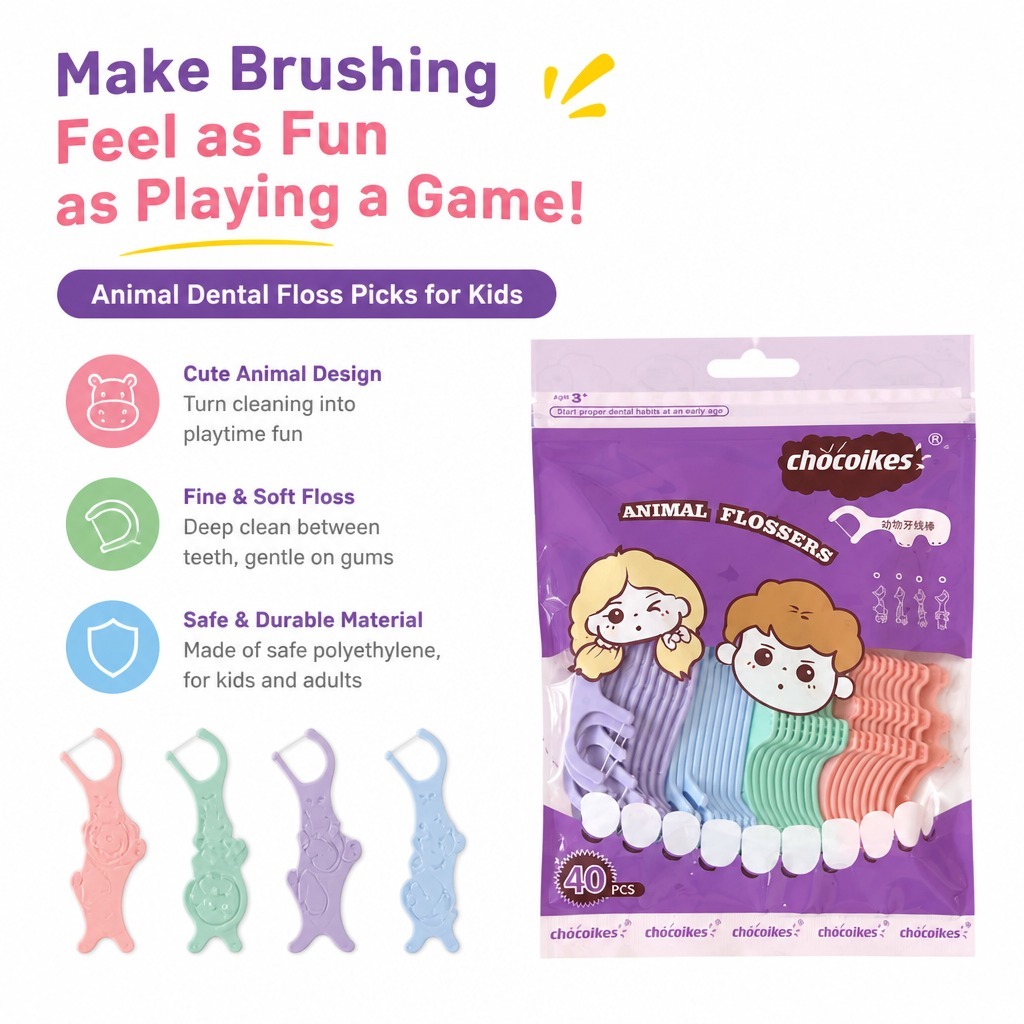40 ชิ้นสัตว์รูปร่างไหมขัดฟัน Picks สําหรับเด็ก Ultra Fine Soft Floss Threader พร้อมที่จับกันลื่น