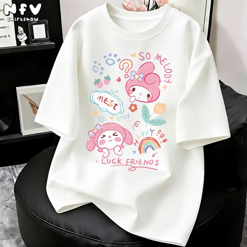 【จัดส่งตลอด 24 ชั่วโมง】NFV เสื้อยืดแขนสั้นคอกลม สไตล์เกาหลี ทรงหลวม ลายพิมพ์กระต่ายน่ารัก ระบายอากาศ ผ้าฝ้าย YG189