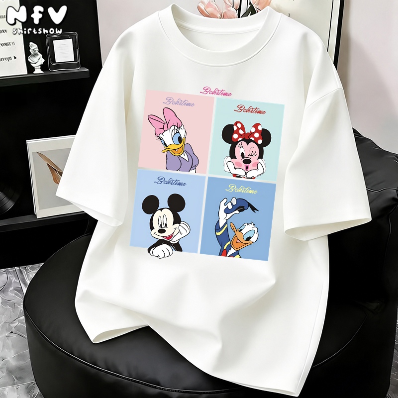 【จัดส่งตลอด 24 ชั่วโมง】NFV เสื้อยืดแขนสั้นคอกลม Mickey Mouse สไตล์เกาหลี ทรงหลวม อ่อนนุ่ม ระบายอากาศ ผ้าฝ้าย YG1204