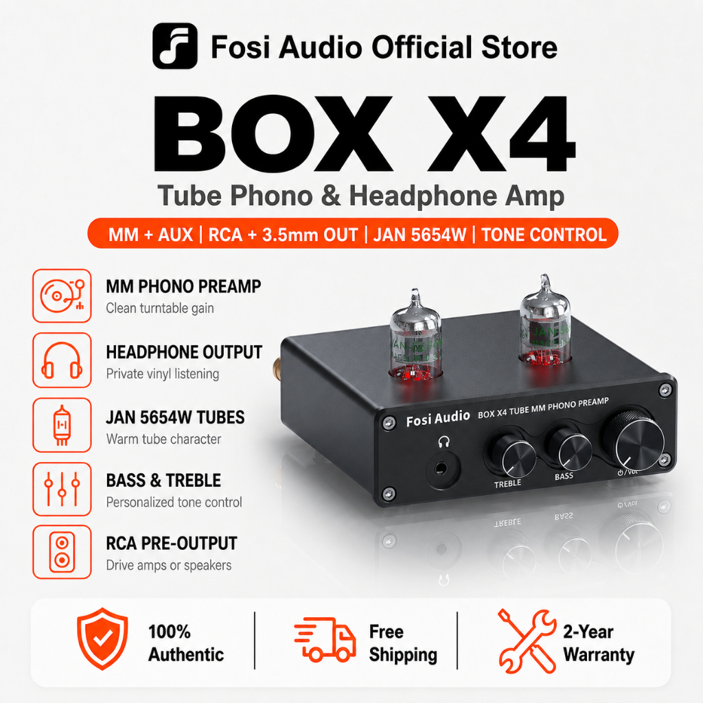 Fosi Audio BOX X4 Phono Preamp พรีแอมป์หลอดสุญญากาศสำหรับเครื่องเล่นแผ่นเสียง MM Turntable / Phonograph / Record Player ปรับ Volume, Bass และ Treble ได้