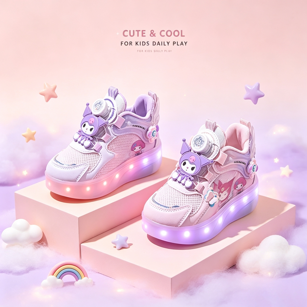 รองเท้าสเก็ต 4 ล้อสำหรับเด็กผู้หญิง ล้อถอดได้ ลายการ์ตูน สีชมพู/ม่วง น่ารัก ปลอดภัย ของขวัญวันเกิดที่เหมาะสมที่สุด