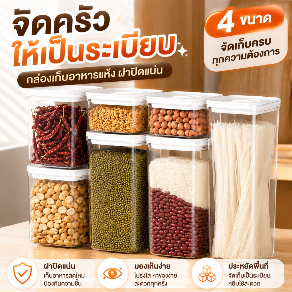 กระปุกเก็บอาหารแห้ง ฝาหมุนล็อก กล่องเก็บอาหาร ซีลแน่น กันความชื้น จัดครัวเป็นระเบียบ ใส่ธัญพืช ขนม เส้นพาสต้า หลายขนาด