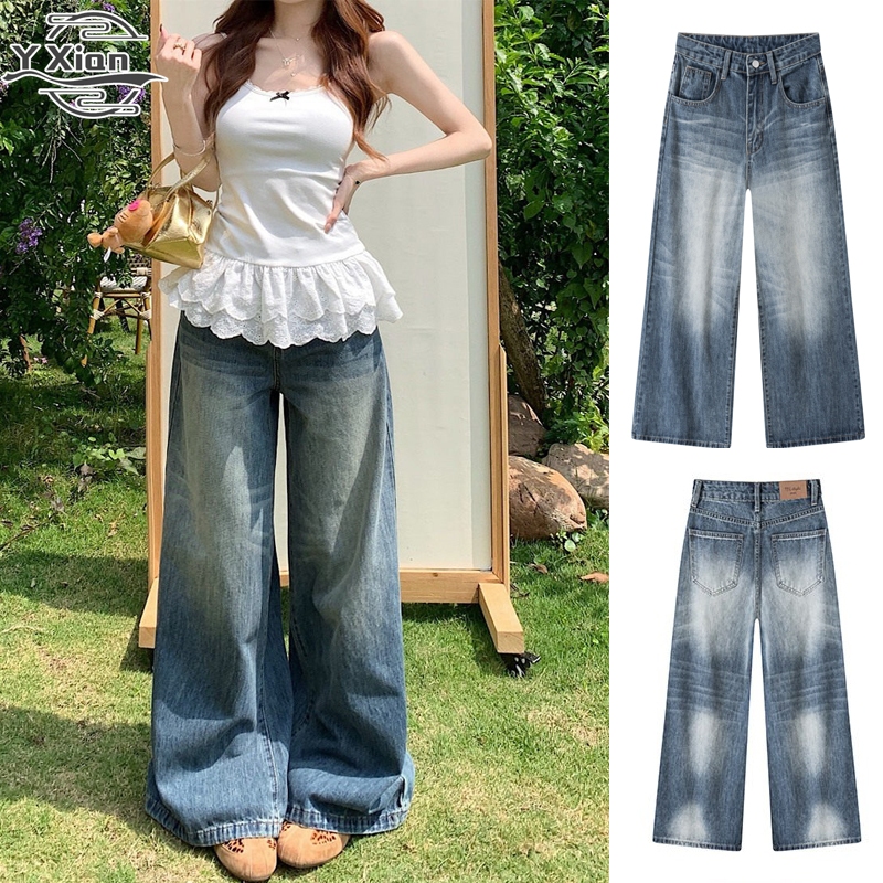 Retro Blue Seluar Jeans Perempuan Baggy Jeans Women Fashion Seluar Jeans กางเกงยีนส์ทรงตรง Seluar Je