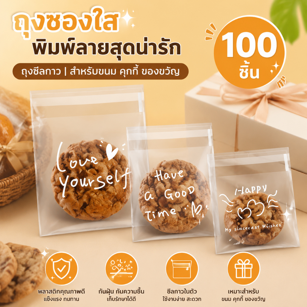 Pure-t shop 100 ชิ้น Happy Clear กระเป๋า Self กาว Candy คุกกี้เบเกอรี่กระเป๋า Self กาวของขวัญส่วนบุคคล Pastry บิสกิต Paaging กระเป๋า