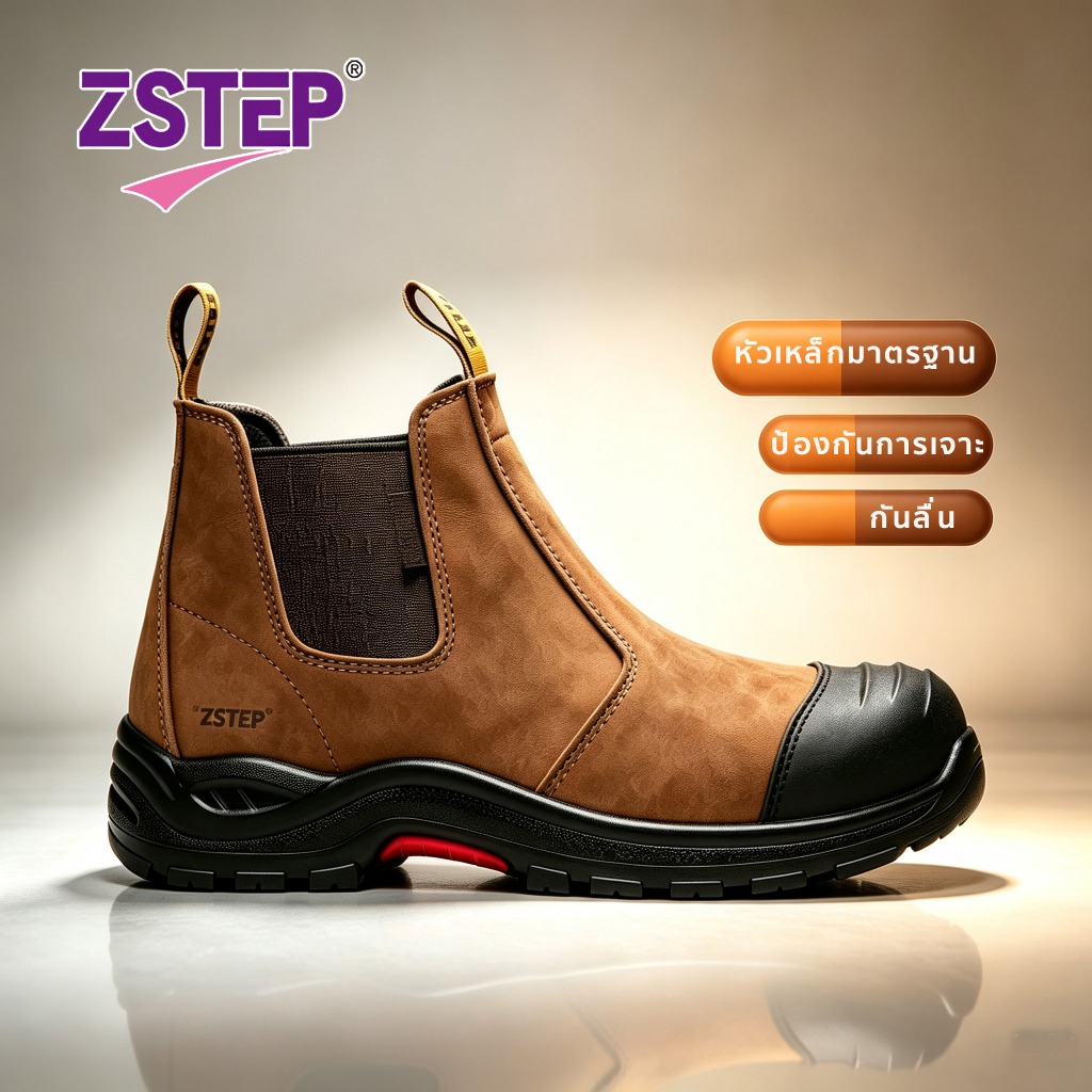 ZSTEP รองเท้านิรภัยรองเท้านิ้วเท้าเหล็กเชลซีป้องกันการกระแทกป้องกันการเจาะสีน้ําตาลขนาด 39-45