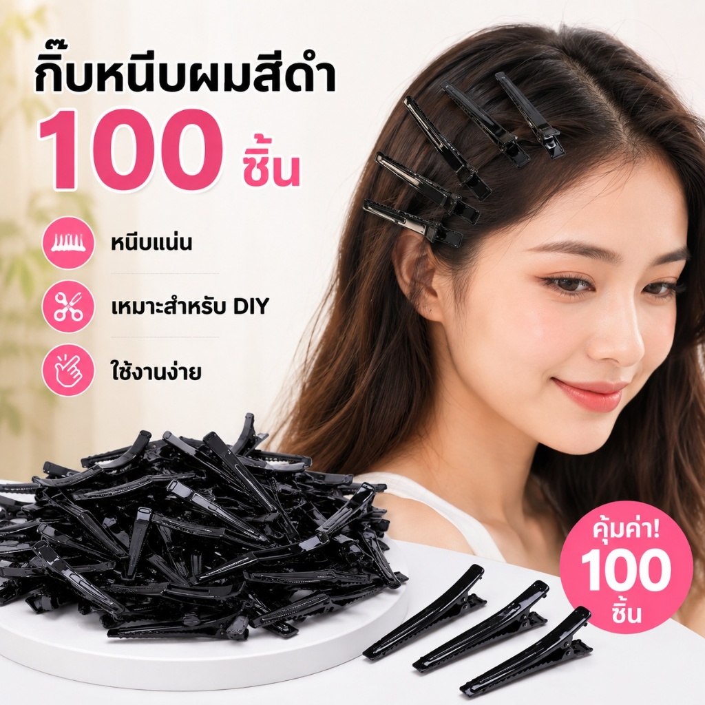 HOT กิ๊บติดผมสีดํา 100 ชิ้นกิ๊บเดี่ยวง่ามจระเข้ Hairpin Blank Setg กิ๊บติดผม [th]