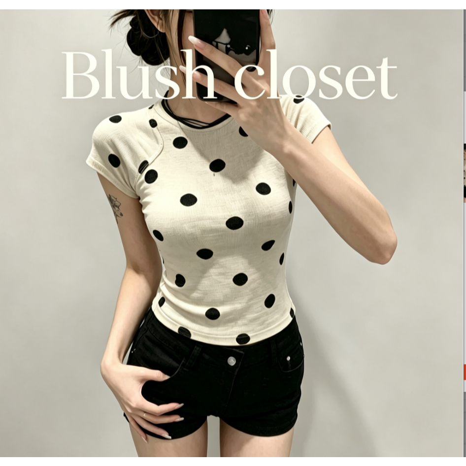 French Polka Dot เสื้อยืดแขนสั้นผู้หญิงฤดูร้อนสไตล์ใหม่ High-End แฟชั่น All-Match Slimmer ดูรอบคอสาวร้อนสไตล์ ins