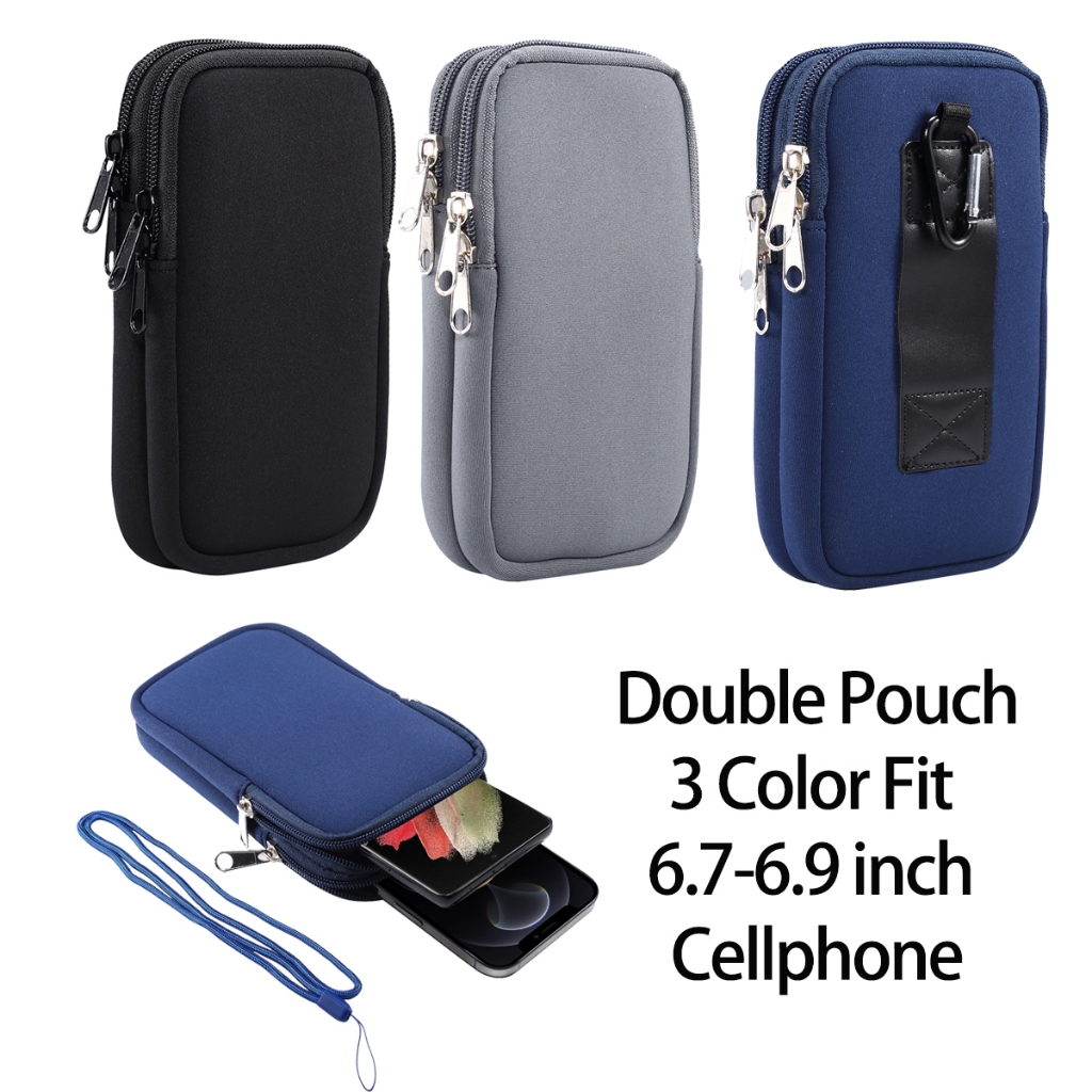ไนลอน Neoprene กันน้ําโทรศัพท์มือถือเข็มขัดผู้ถือ Dual-Compartment เข็มขัดเอวกระเป๋าเชือกยาว & D-Shape เข็มขัด Loop