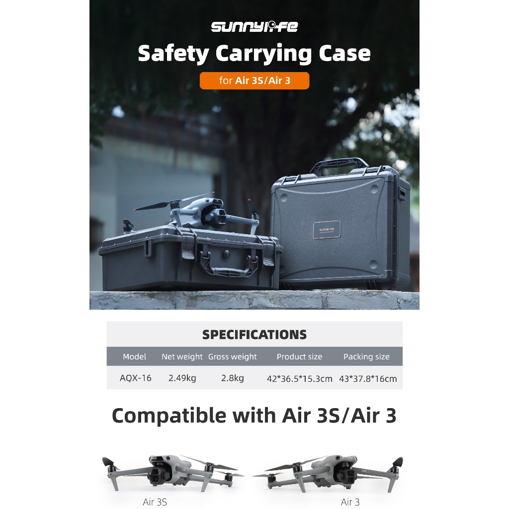 Sunnylife Hard Safety Case สําหรับ DJI Air 3 / Air 3S Fly More Combo กันน้ํา Shock-proof ความจุขนาดใ