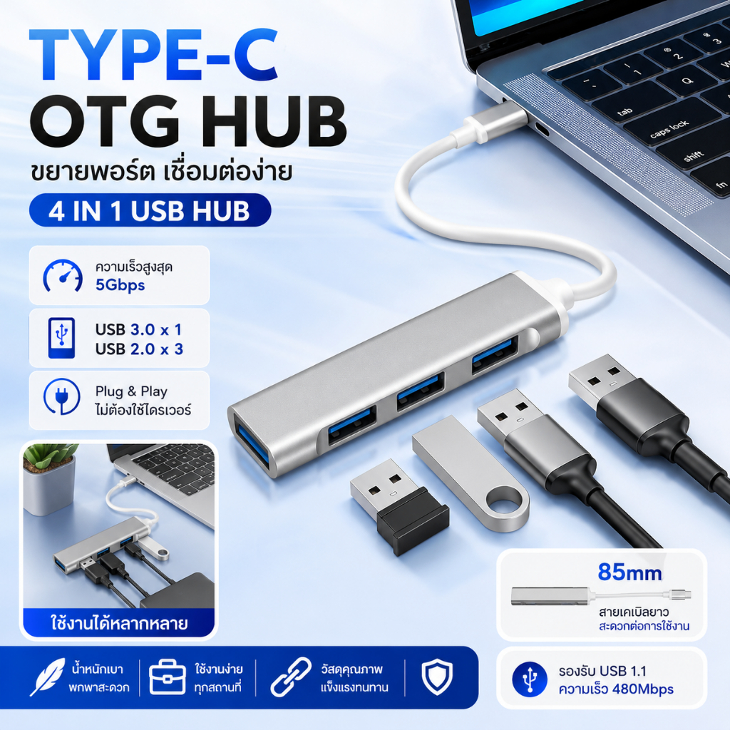ตัวแปลง OTG USB-C เป็น USB HUB 4 พอร์ต USB 3.0 1 ช่อง + USB 2.0 3 ช่อง ความเร็วสูงสุด 5Gbps Plug and