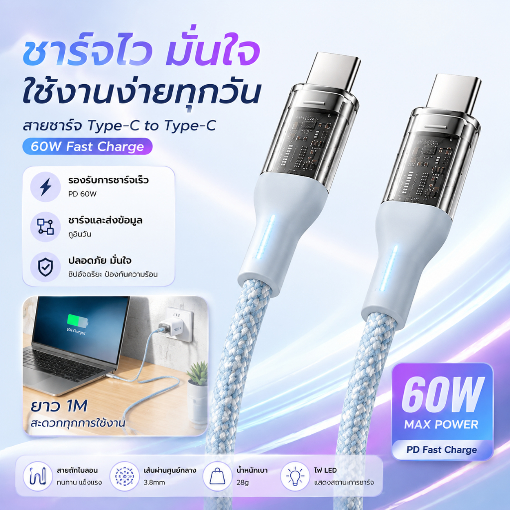 สายชาร์จ Type-C to Type-C THREEKEY NB05 60W สายถักไนลอน 1M ชาร์จเร็วและถ่ายโอนข้อมูล ทูอินวัน ไฟ LED