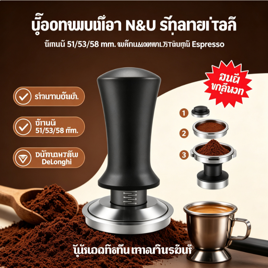 ที่กดกาแฟ N&U สแตนเลสแท้ ขนาด 51/53/58 มม. แทมเปอร์ชงกาแฟ Espresso เหมาะสำหรับ DeLonghi