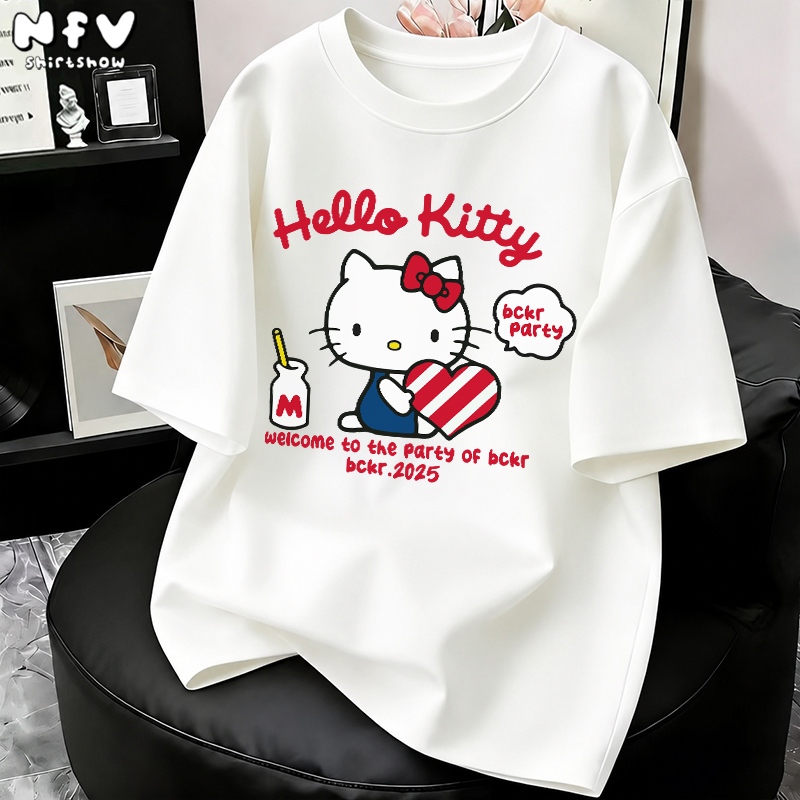 NFV มาใหม่ ลายการ์ตูนคิตตี้ เสื้อยืดแขนสั้นคอกลม แฟชั่นเกาหลี ผ้าฝ้ายแท้ oversize YG585