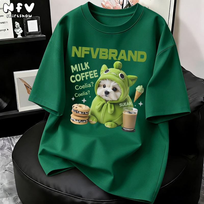 NFV มาใหม่ ลายพิมพ์ลูกสุนัข คอกลมแขนสั้น โอเวอร์ไซซ์ ผ้าฝ้าย100% สไตล์เกาหลี ใส่สบาย YG3196