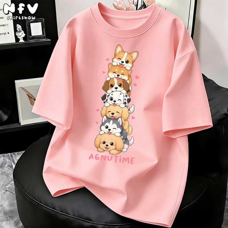 【จัดส่งตลอด 24 ชั่วโมง】NFV สไตล์เกาหลี เสื้อยืด ลายสุนัขซ้อนกัน Oversized สะดวกสบาย ระบายอากาศ ผ้าฝ้าย YG3921