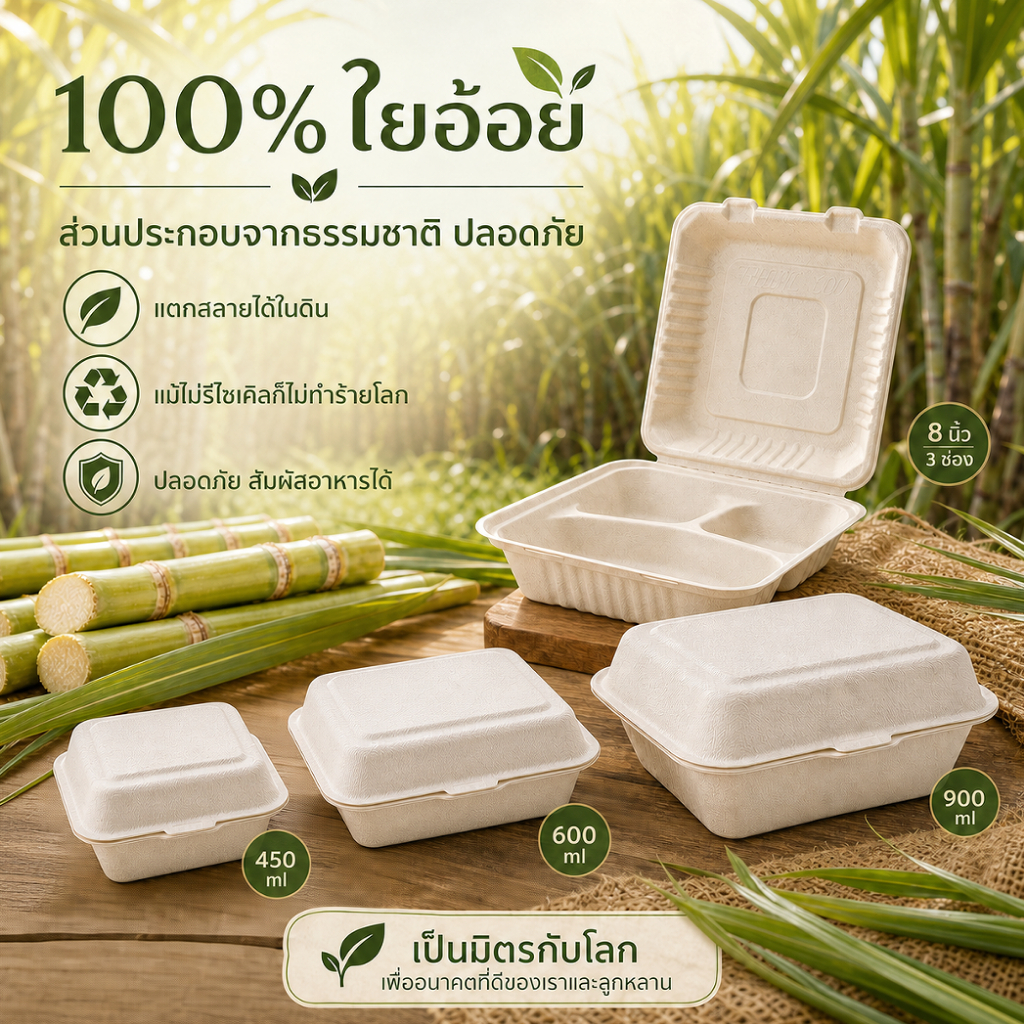 Joyful Ocean ขายส่ง กล่องอาหารชานอ้อย 100% ย่อยสลายได้ ขนาด 450/600/900 มล. และกล่องอาหาร 3 ช่อง ขนาด 8 นิ้ว แบบใช้แล้วทิ้ง เกรดอาหาร ป้องกันการรั่ว เข้าไมโครเวฟได้