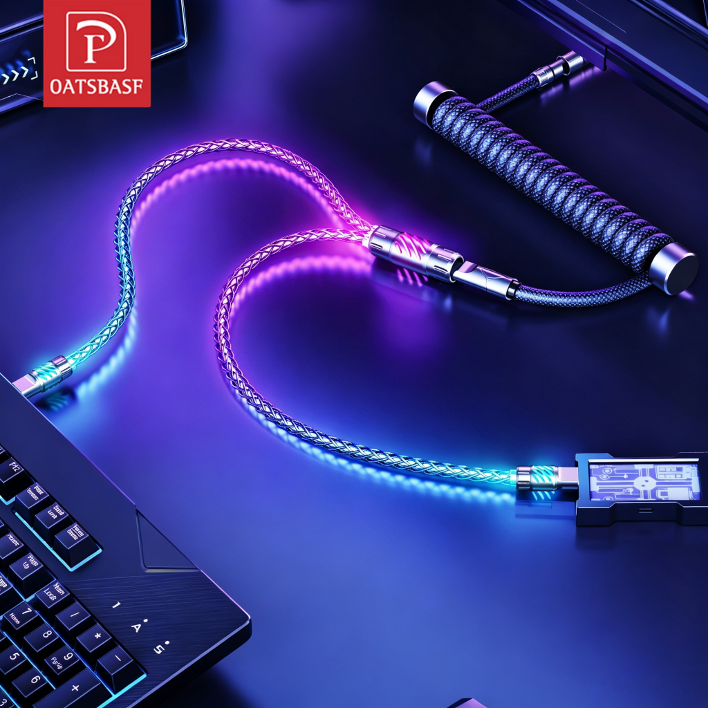 OATSBASF สายเคเบิลเกมมิ่ง RGB Coiled Aviator สายแยก 2 ทาง Dual 8K Type C ข้อต่อโลหะผสมสังกะสี สำหรับคีย์บอร์ดแม่เหล็กและเมาส์เกมมิ่ง