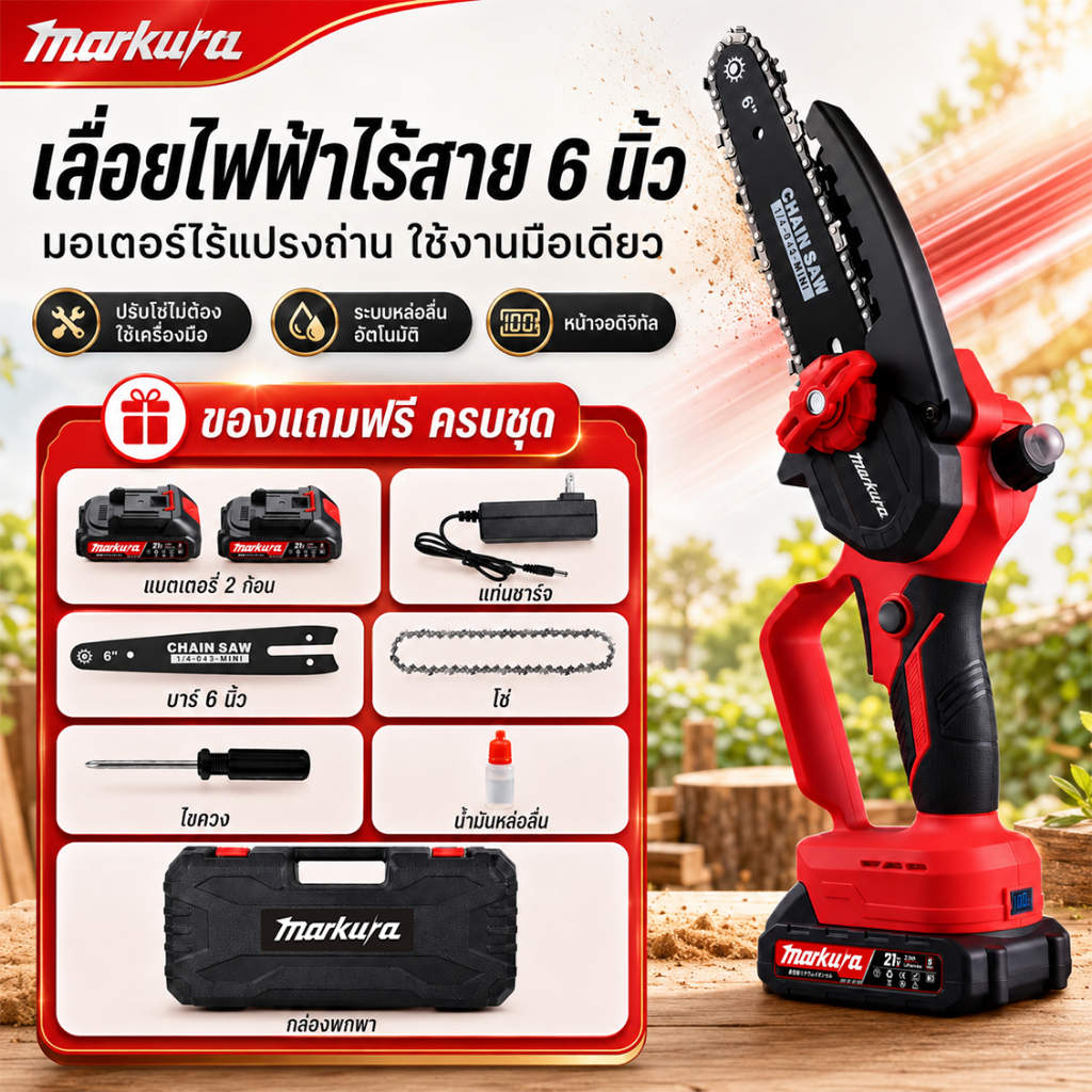 【Markura】รุ่นใหม่ มีหน้าจอแสดงผลดิจิทัล เลื่อยไฟฟ้าไร้สาย 6 นิ้ว 21V มอเตอร์ไร้แปรงถ่าน เลื่อยโซ่ไฟฟ้า ใช้งานมือเดียว ตัดกิ่งไม้ ตัดไม้ แบตเตอรี่ลิเธียม