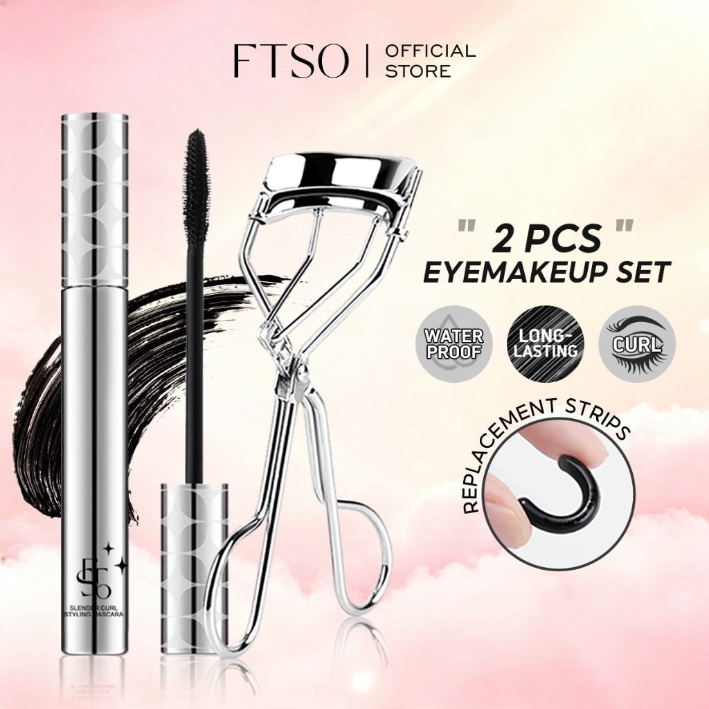 FTSO มาสคาร่ากันน้ํา Volumizing Curling & ชุดดัดขนตา, ชุดแต่งหน้าติดทนนาน Longwear รอยเปื้อนสําหรับผู้เริ่มต้น