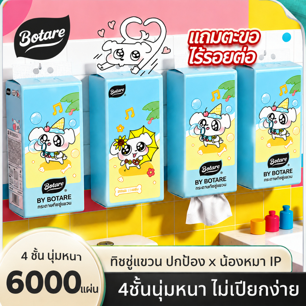 【6000 แผ่น】Botare กระดาษทิชชู่แขวนผนัง 4 ชั้นหนา ลายสุนัขชายหาด ขนาด 130×175มม 6 แพ็คต่อกล่อง เหมาะสำหรับบ้าน ครัว ห้องน้ำ