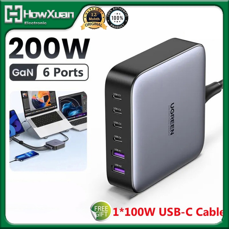 UGREEN 200W GaN USB C Charger 6-Port Fast Charger 4Type-C 2USB-A Desktop Charger