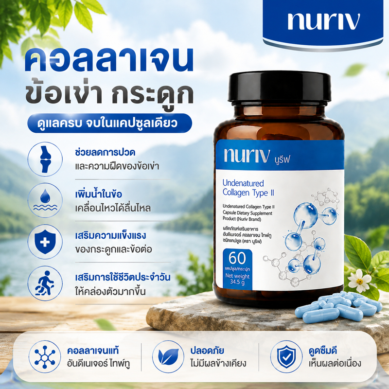 [โปรคุ้ม] NURIV Collagen Type II UC-II Undenatured Collagen อาหารเสริมบำรุงข้อเข่า ข้อต่อ กระดูก 60 